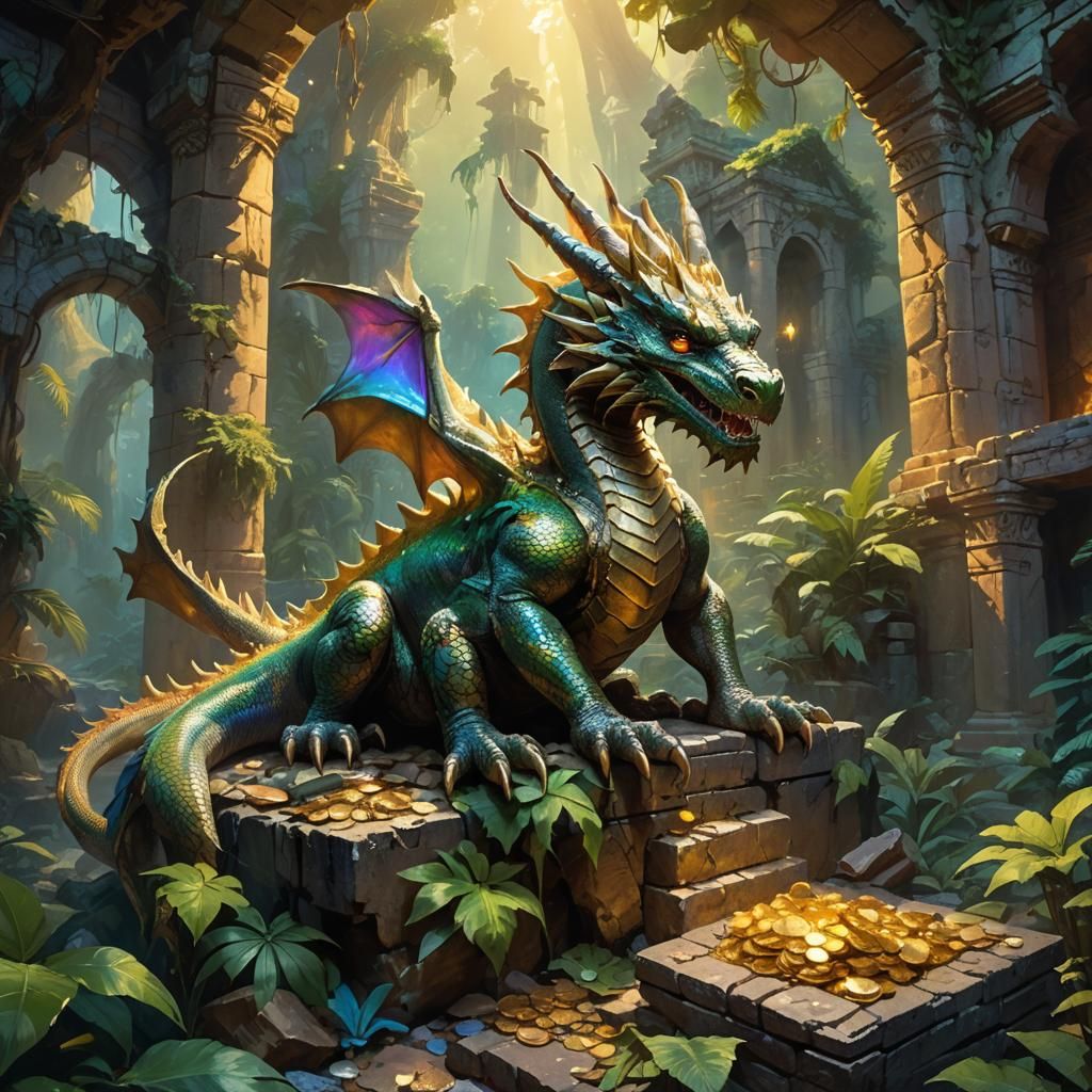 Dragon on Treasure Pile: Fantasy Art in Oil Painting Style