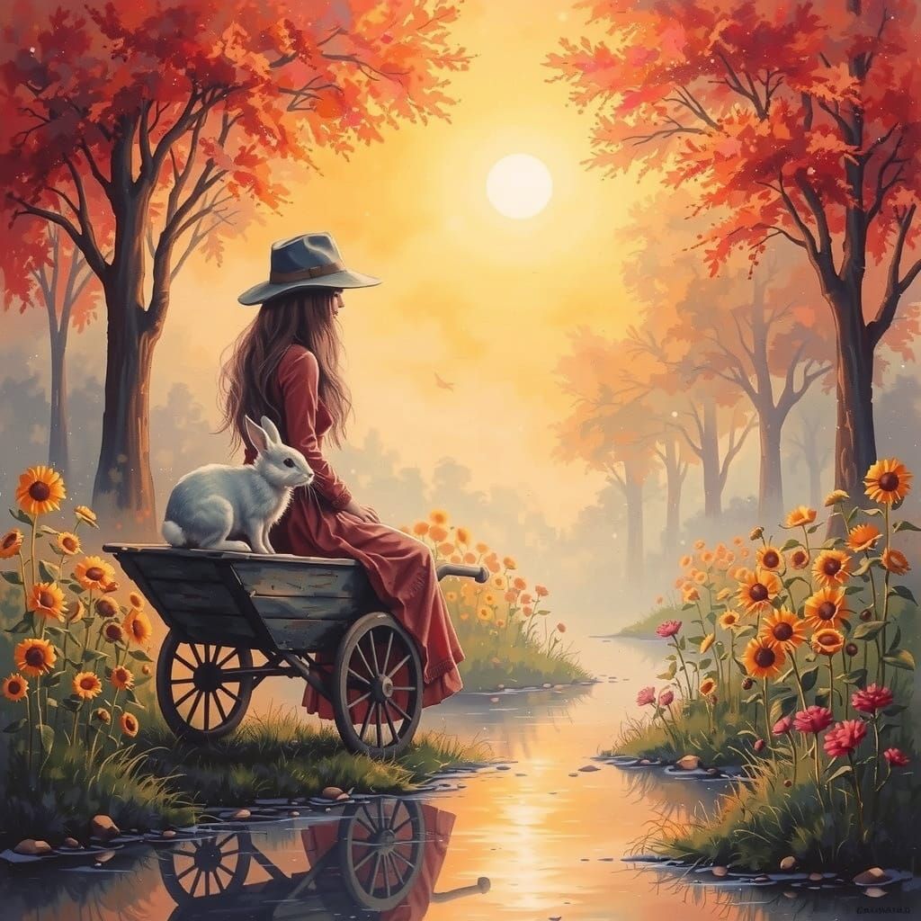 Surreal Girl Surveys Whimsical Landscape in a Foggy Atmosphe...