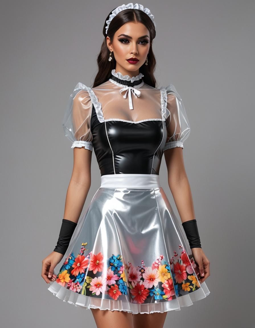 Woman in See-Through Floral Latex Maid Outfit
