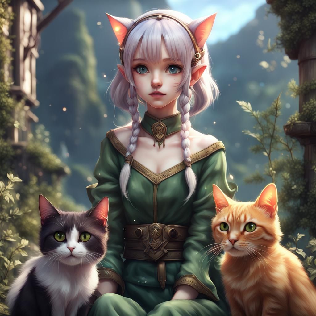 Anime Girl with Elf Ears and Cats