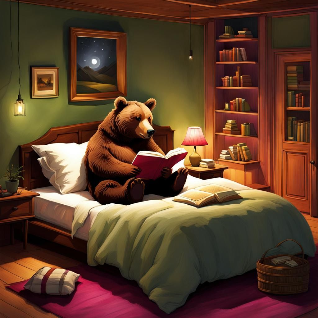 Cozy Brown Bear Reading Book at Night