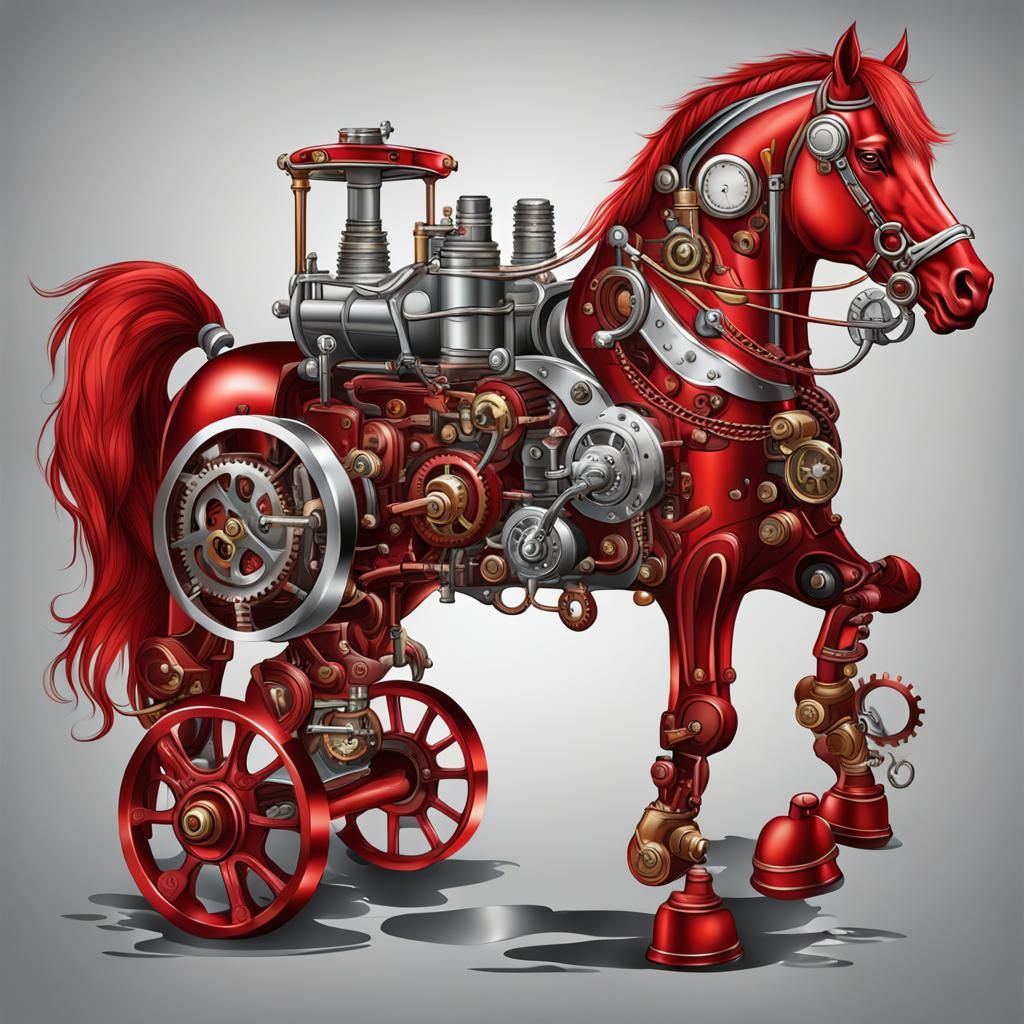 Steampunk Red Horse on Silver Background