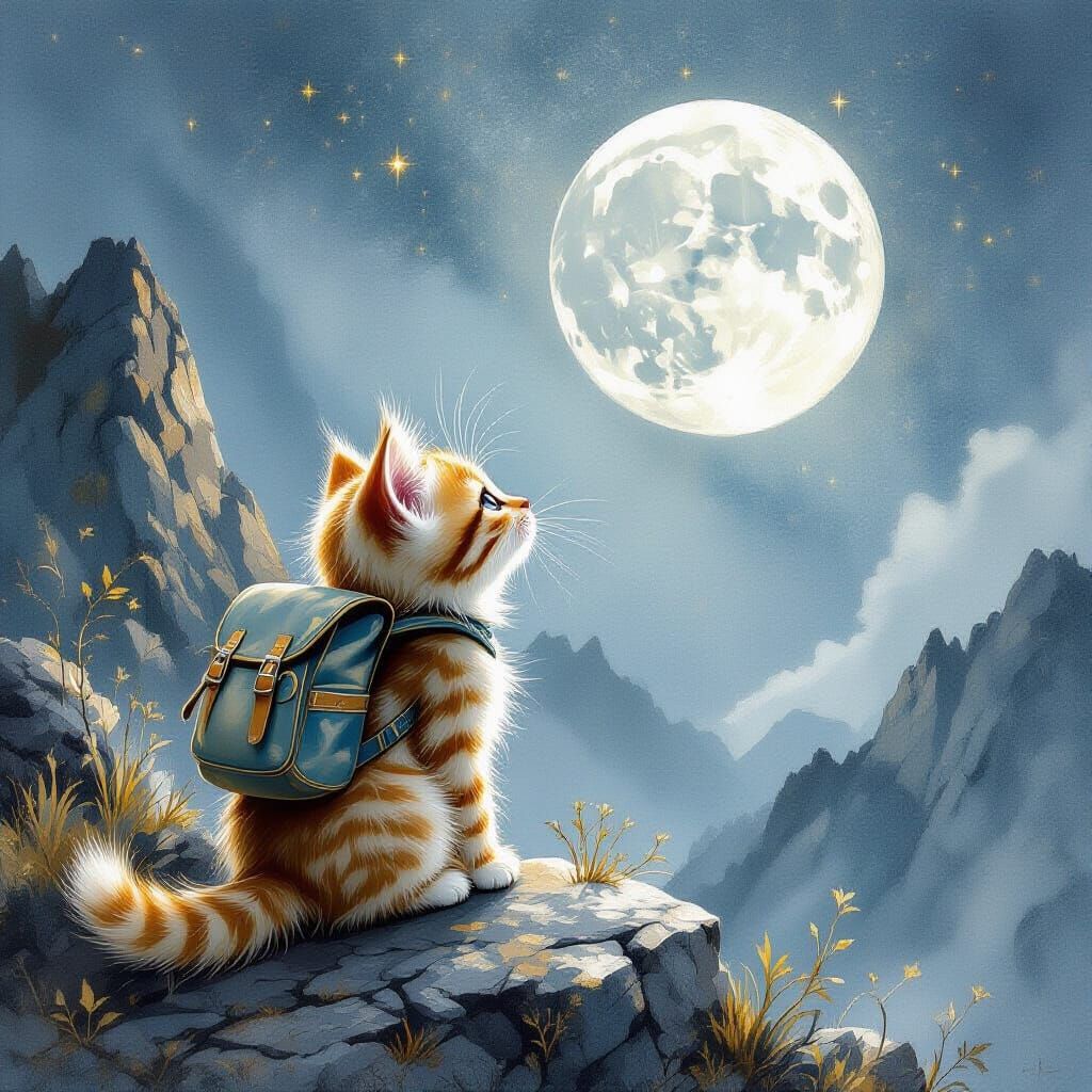 Cute Kitten Gazes at Silver Moon in Fantasy Watercolor