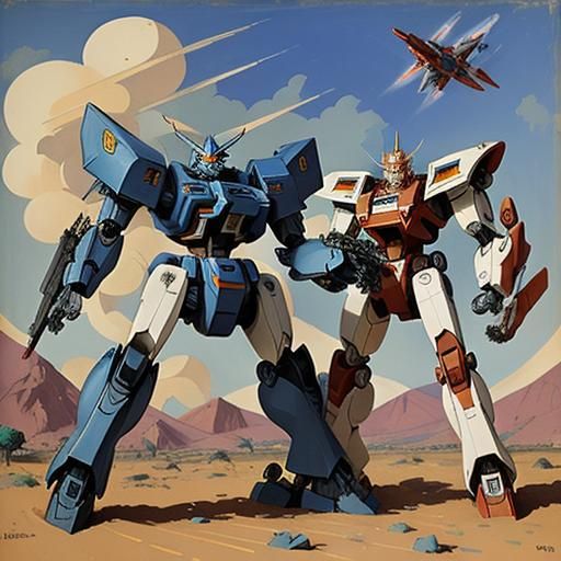 Mecha Battle in Saryan-Warhol Style
