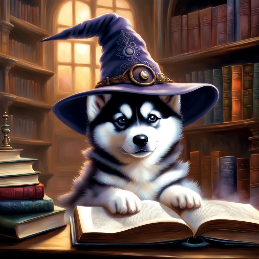 Whimsical Husky Puppy in Witch Hat