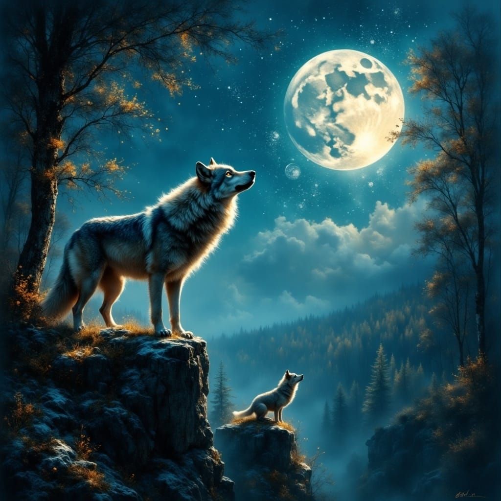 Wolf Mother and Cub Under Starry Night Sky