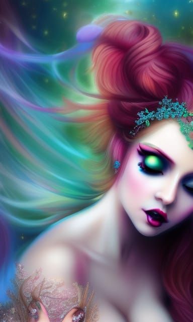 Beautiful Pre-Raphaelite Woman in Synthwave Underwater Scene