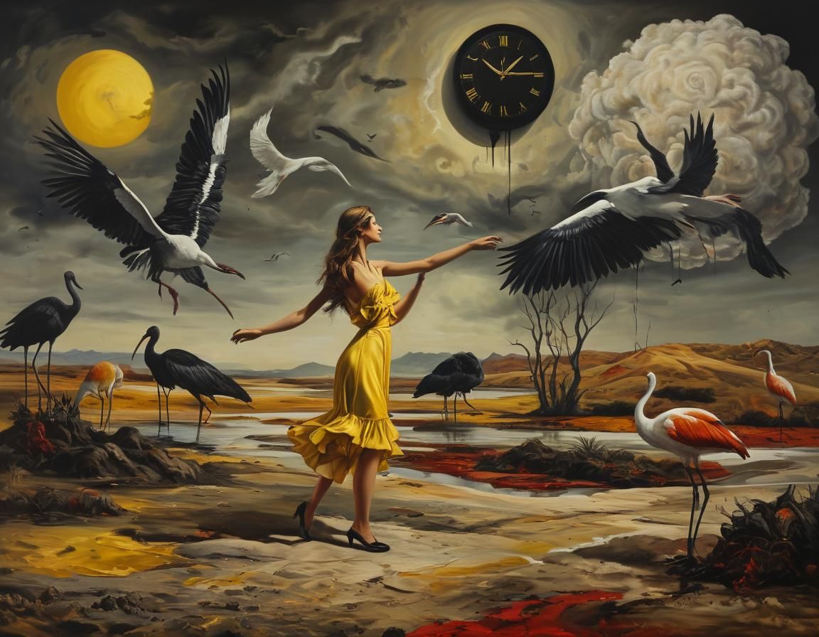 Surreal Woman with Ibis in Dreamlike Landscape
