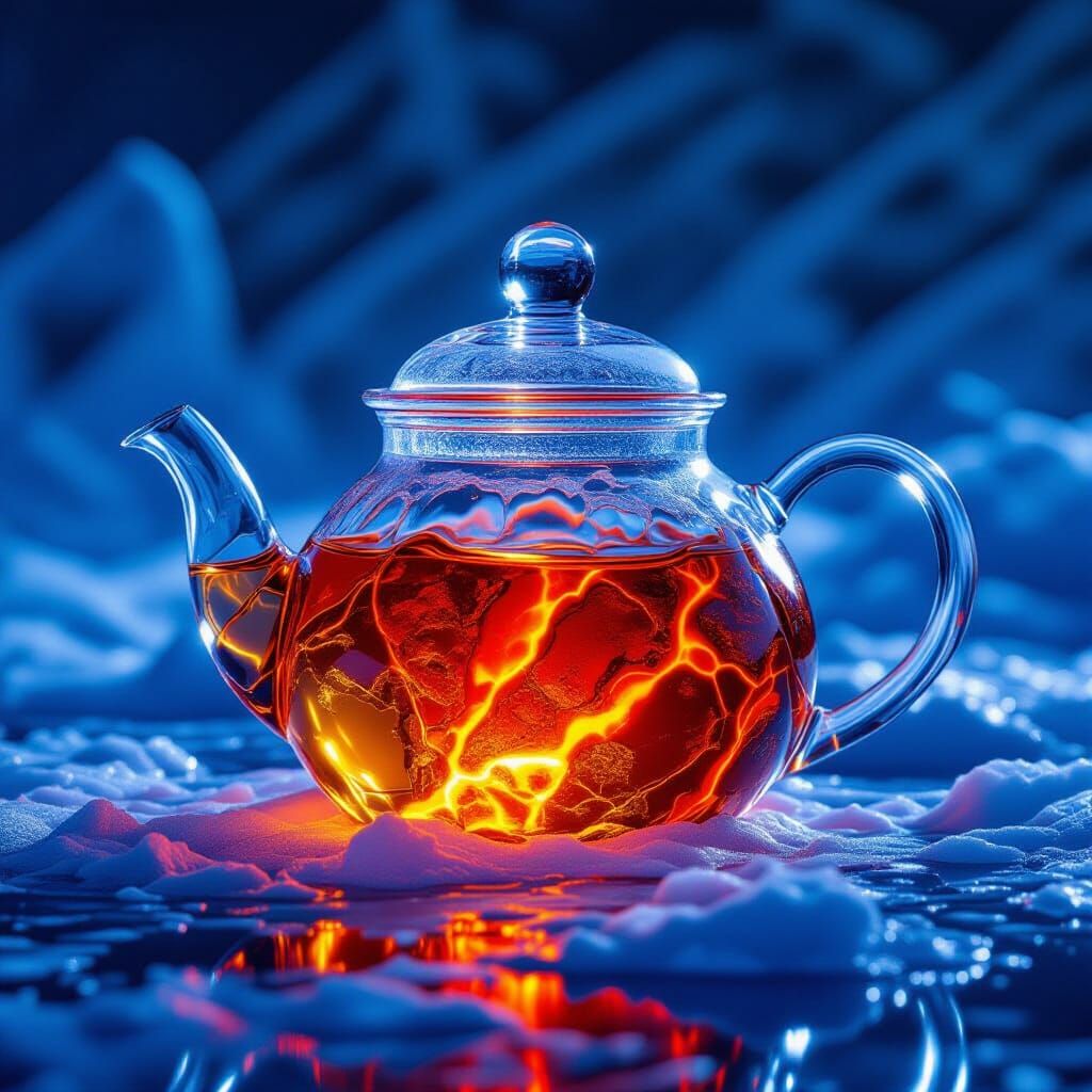 Glacier Ice Teapot Filled With Molten Magma