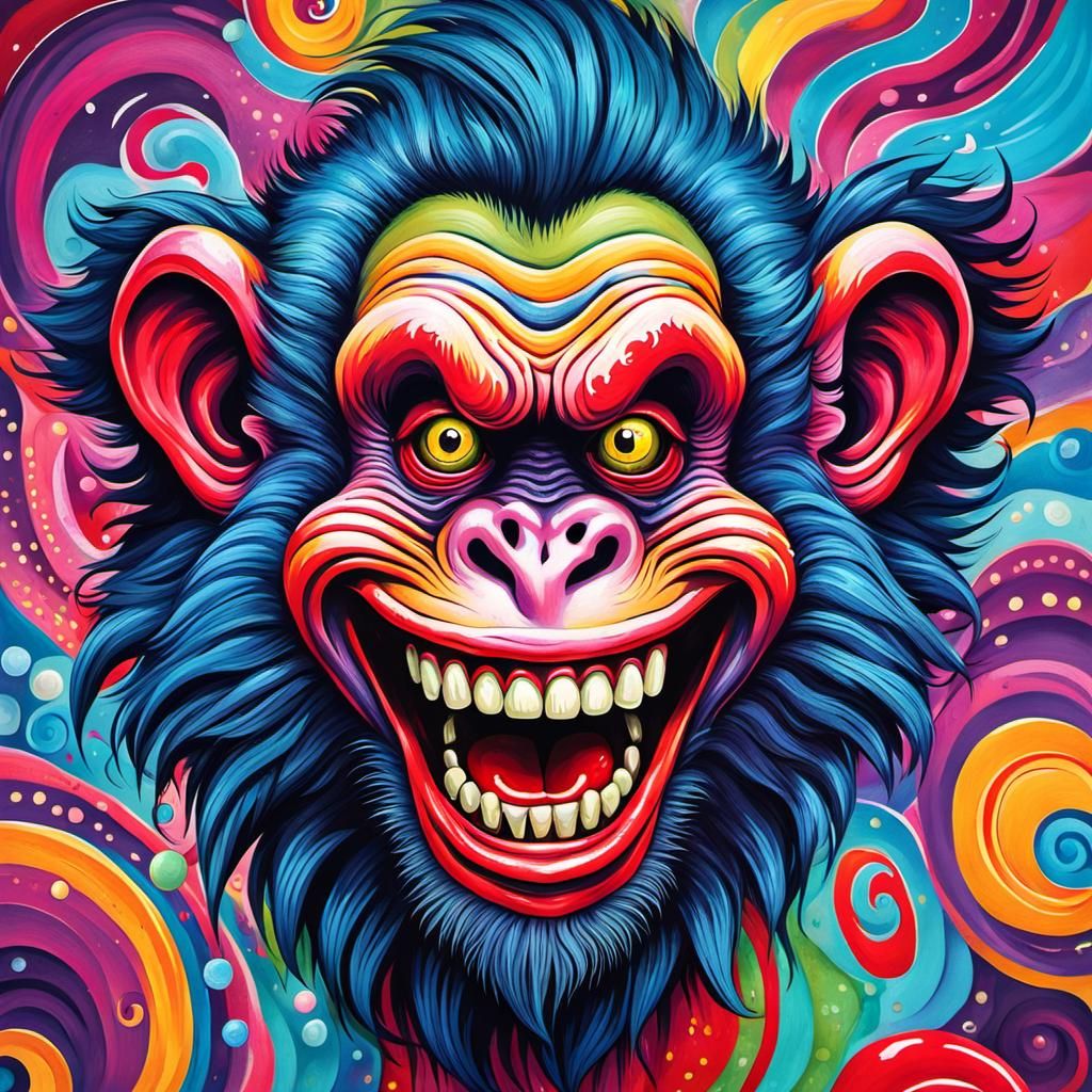 Zombie Monkey Clown Portrait in Vibrant Gouache