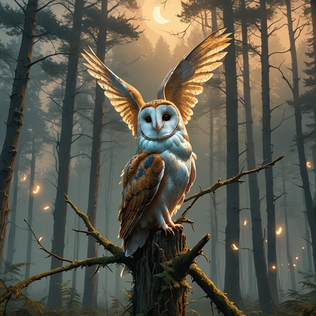 Mystical Barn Owl in Twilight Forest