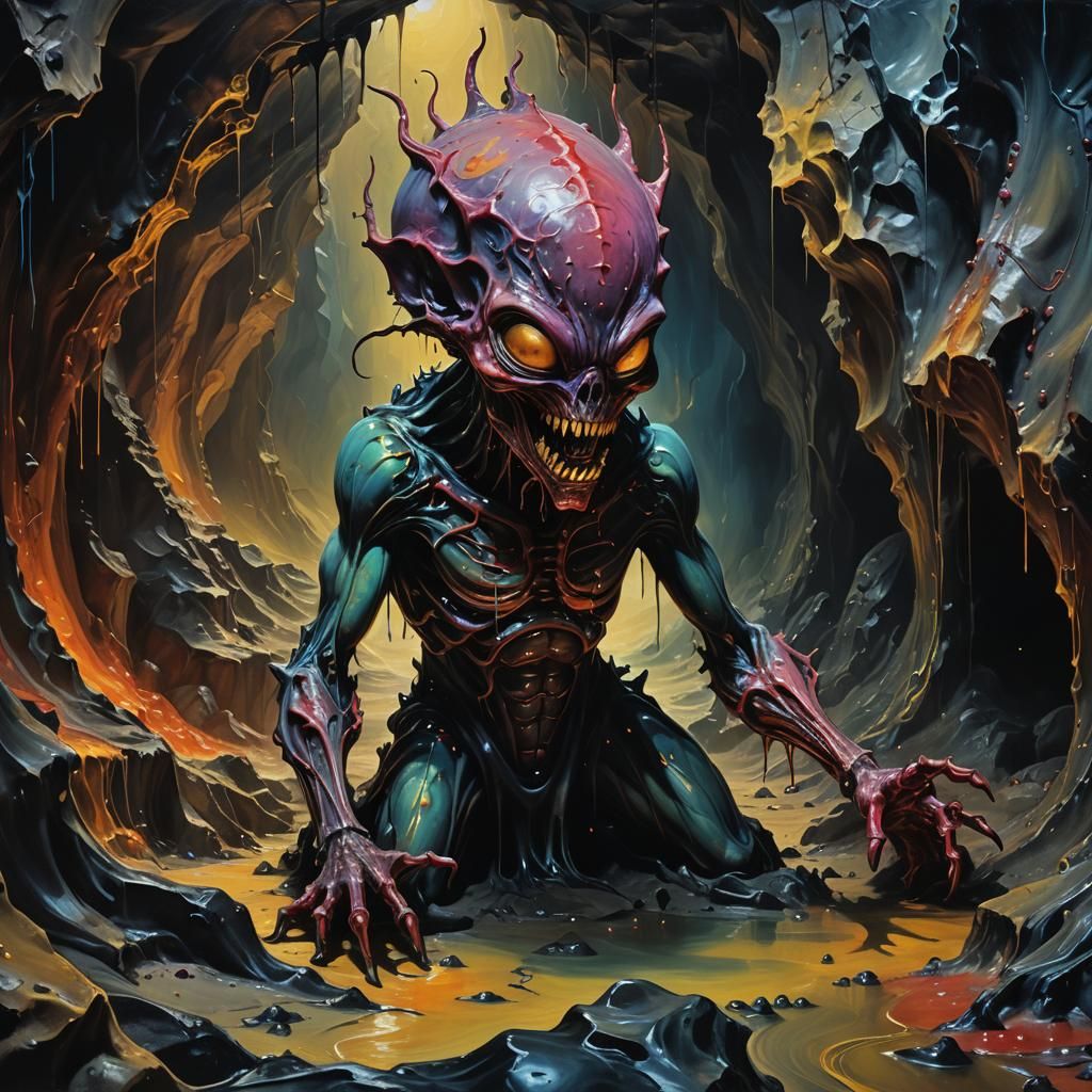 Eerie Alien with Devil Slime in Surreal Cave