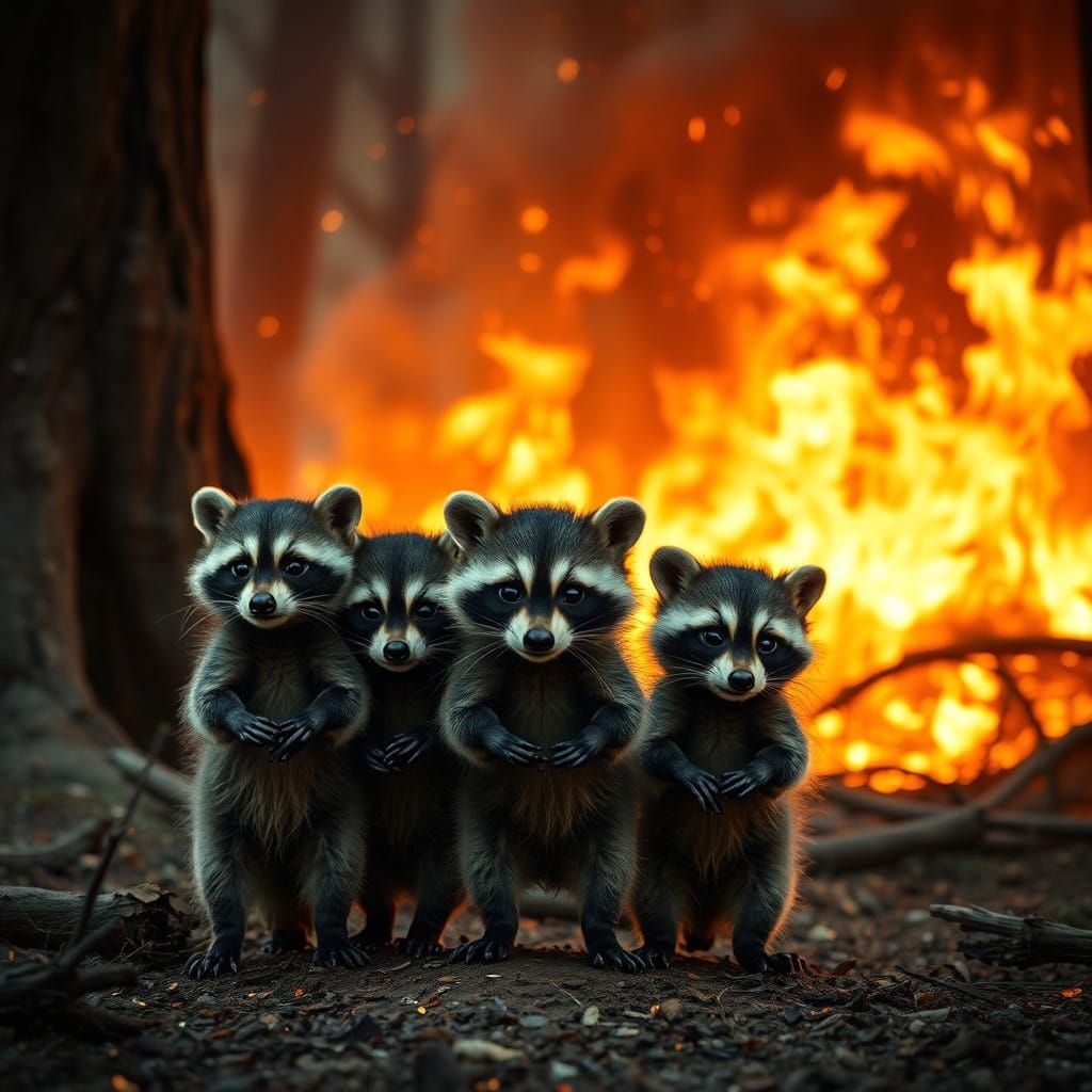 Wildfire-Scarred Raccoon Family Seeks Safety