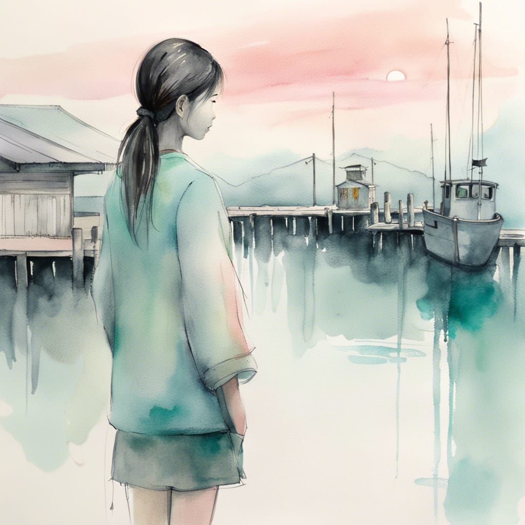 Japanese Girl at Wharf in Watercolor Style