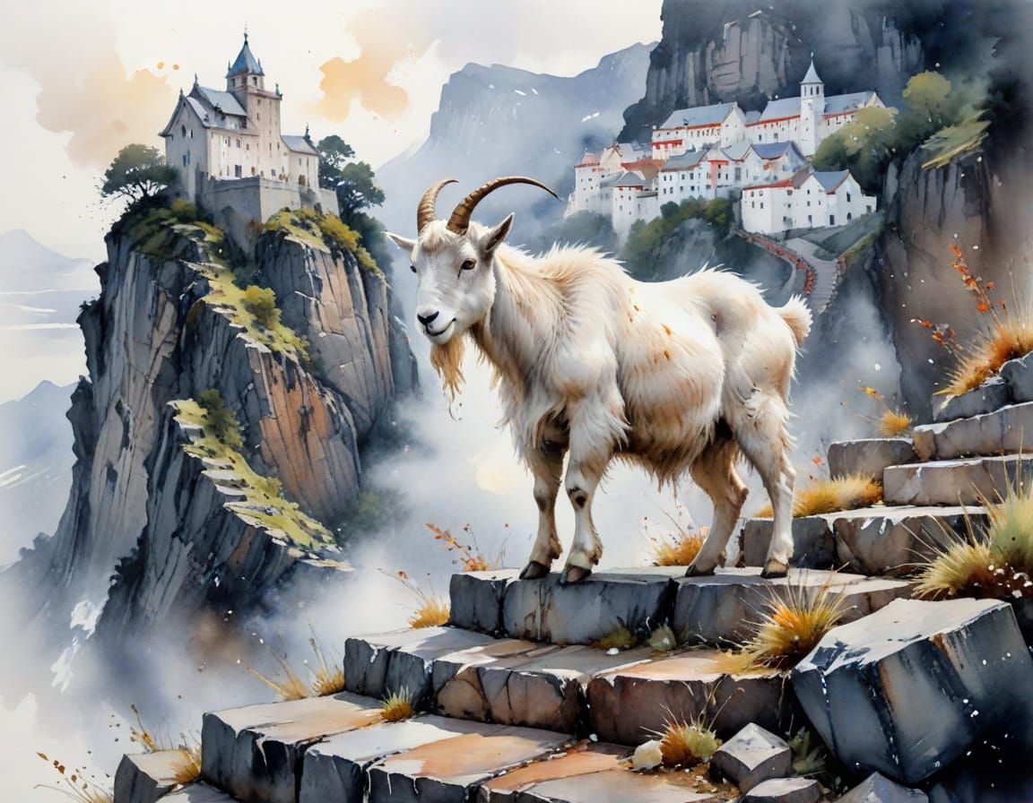 Mountain Goat at Cliffside Monastery in Watercolour Style