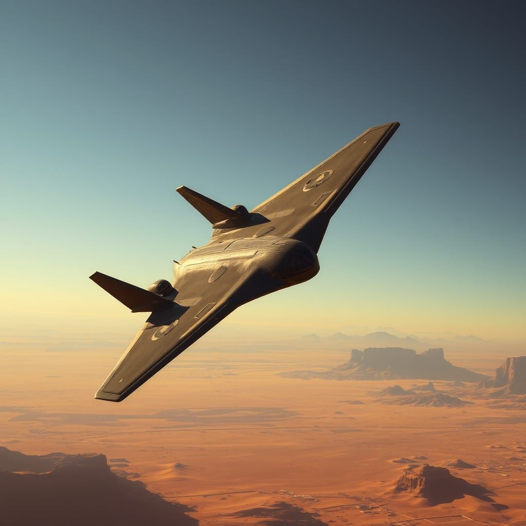 B-2 Bomber Soaring Over Desert Landscape