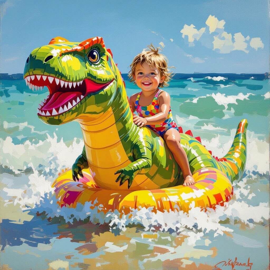 Child Rides Giant T-Rex Inflatable at Beach
