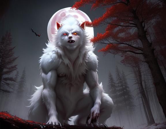 Albino Werewolf Under Red Moon, Digital Oil Painting