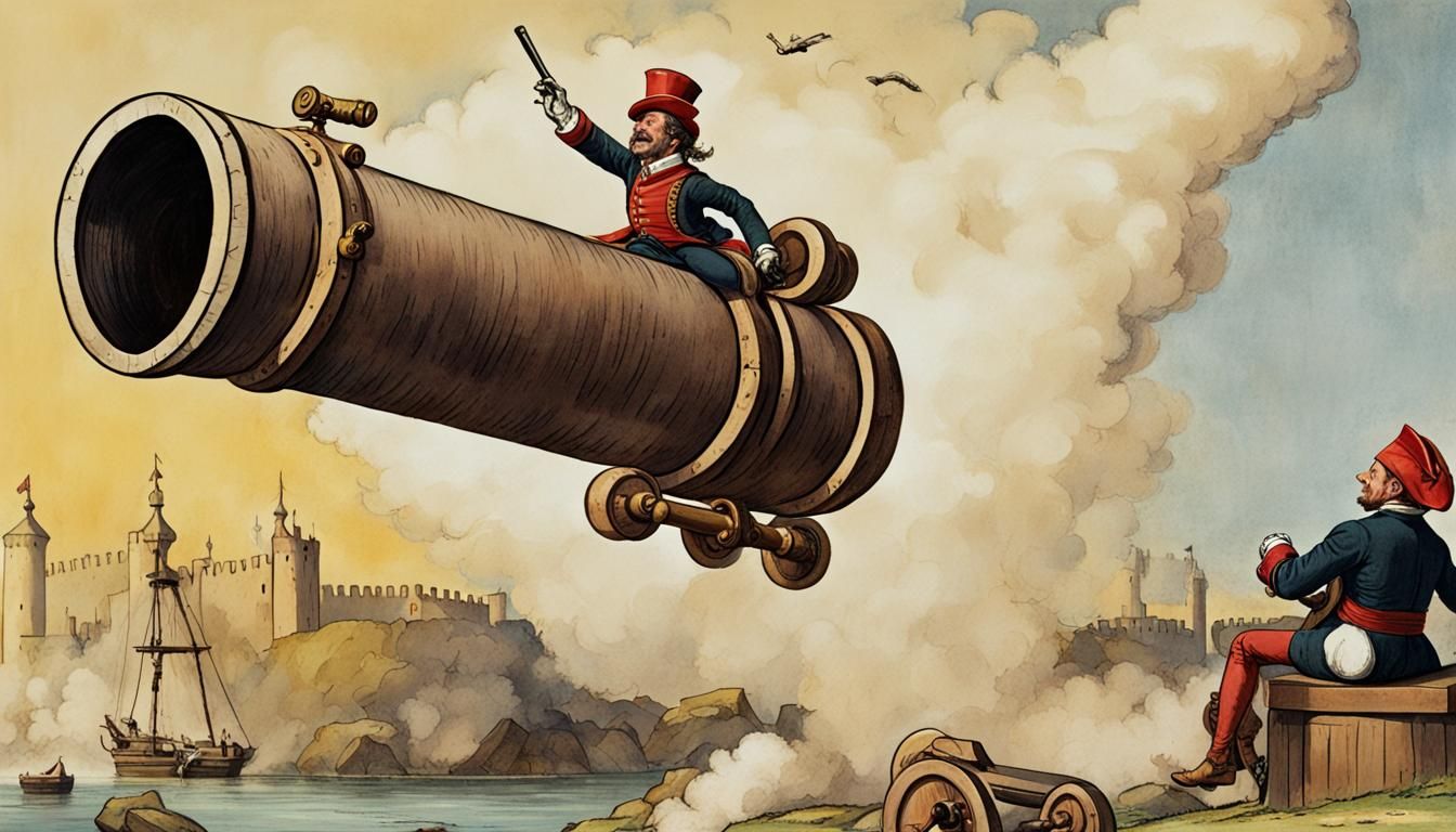 Well, I tried 😂😂 «Munchausen sitting on a cannonball being shot out of a cannon» Where did I say he sat on a cannon??!