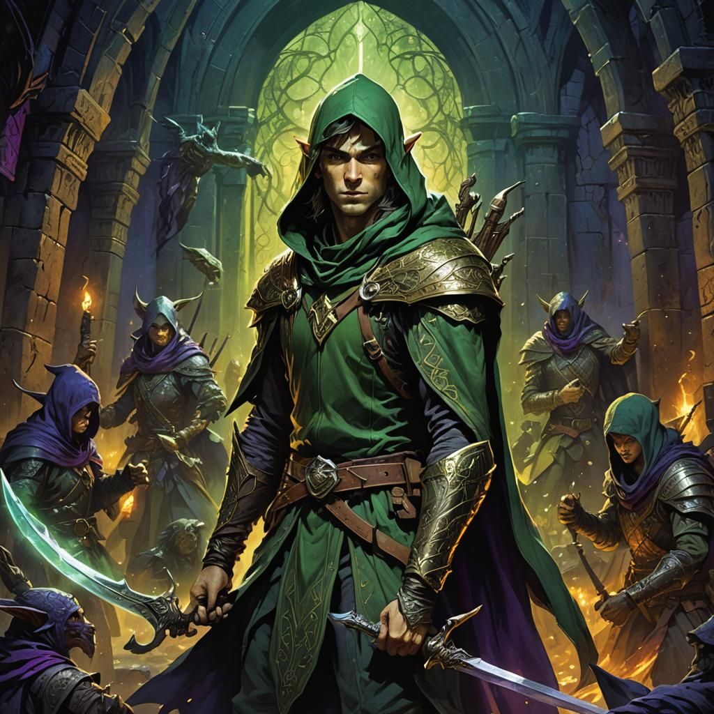 Elven Ranger in Dark Dungeon, Fantasy Art