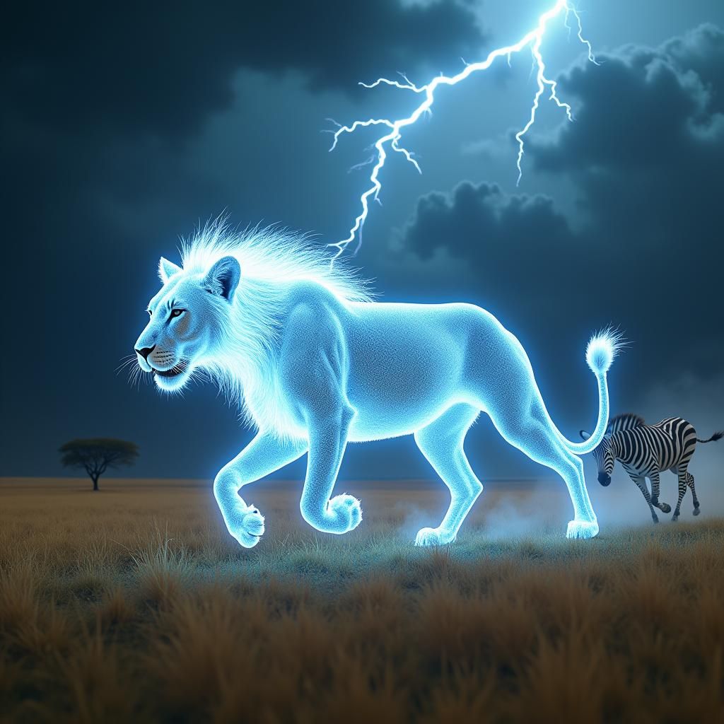 Luminous Lightning Lioness Pursues Zebra on Savannah