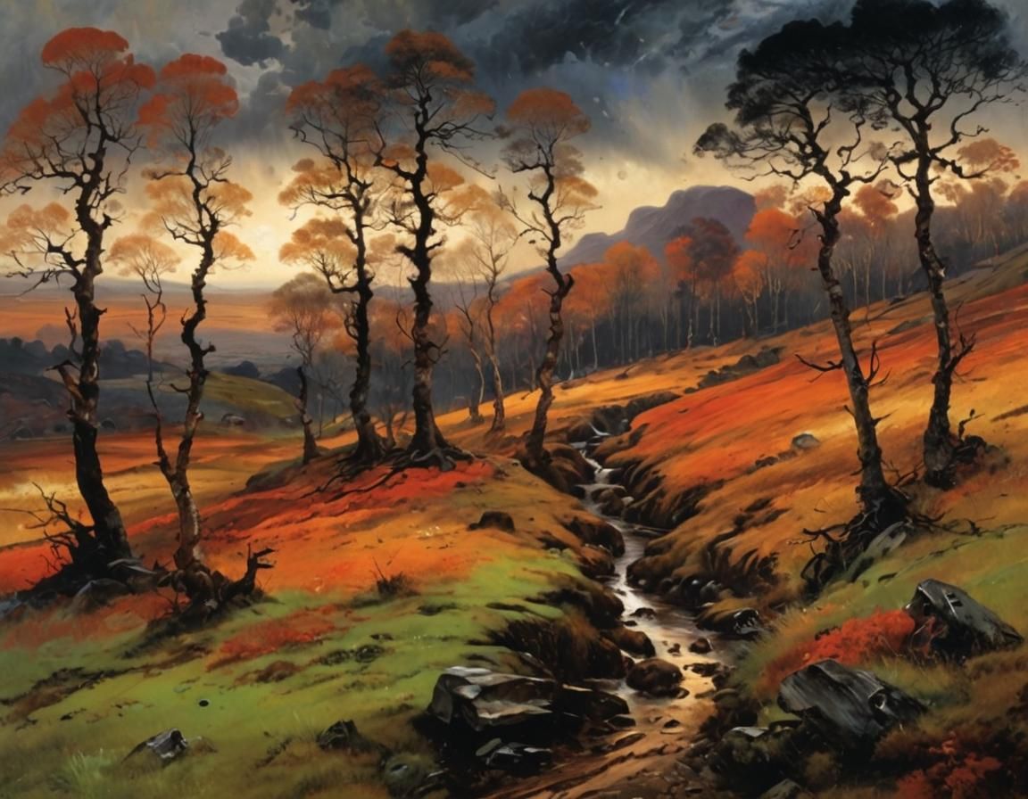 Dramatic Moorland Storm with Gnarled Trees