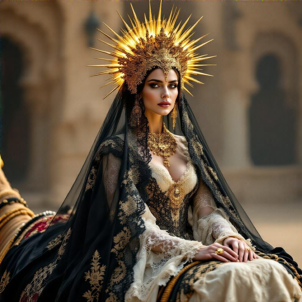 Noblewoman on Camel in Hyperrealistic Cinematic Scene