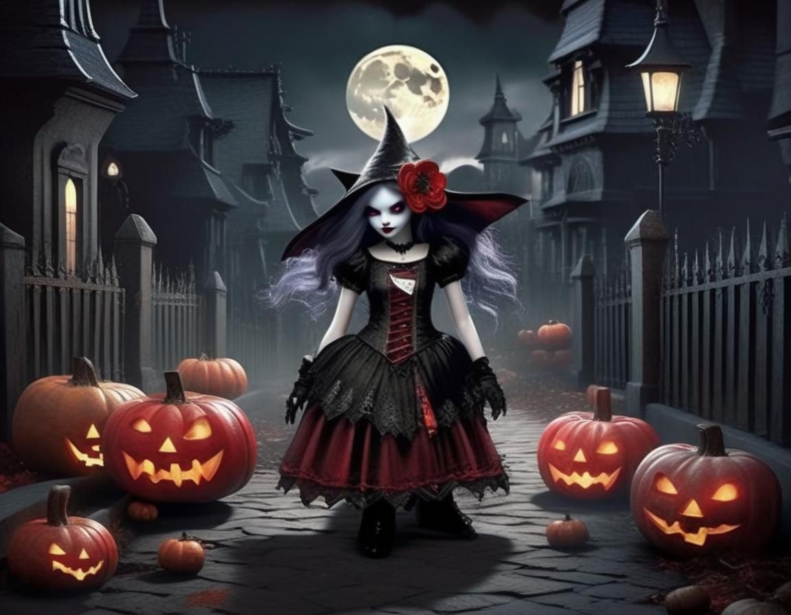 Gothic Boho Hello Kitty Vampiress in Spooky Scene