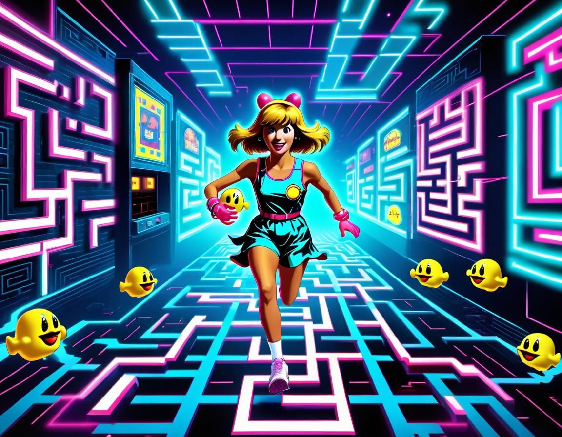 Mrs. Pac-Man in Synthwave Neon Maze