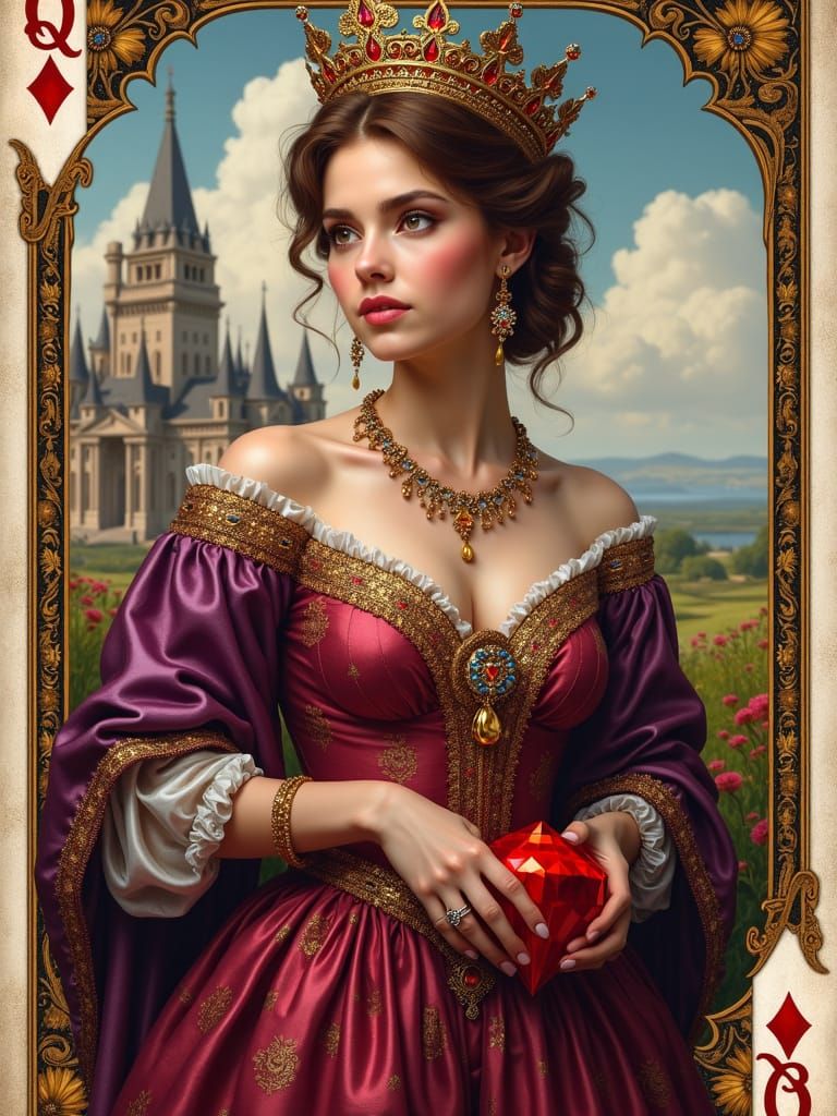 Luxurious Queen of Diamonds in Opulent Attire