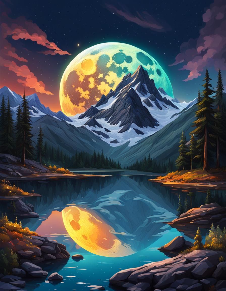 Hyperrealistic Moon Over Mirror Lake at Night