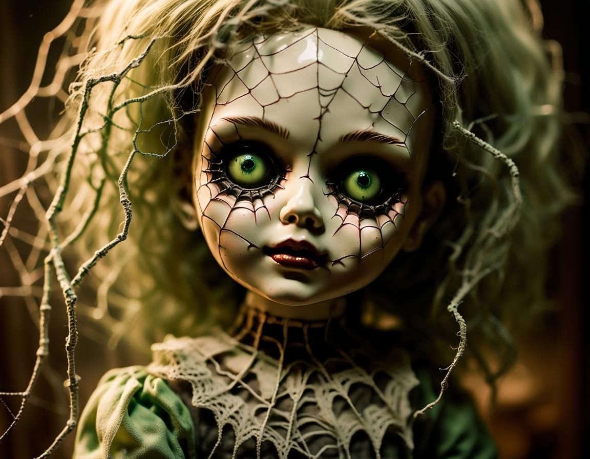 Creepy Porcelain Doll in Dark Room: Horror Art