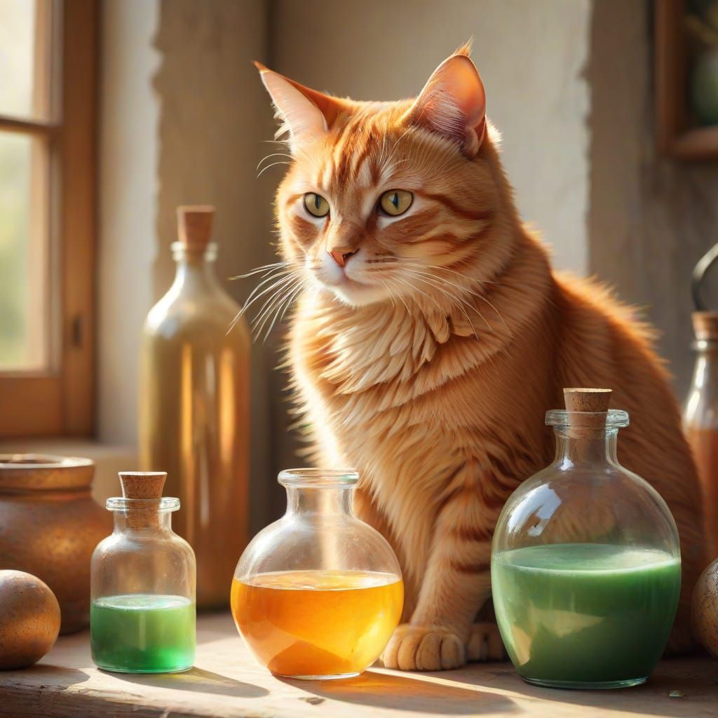 Orange Tabby Cat with Potion Bottle Art