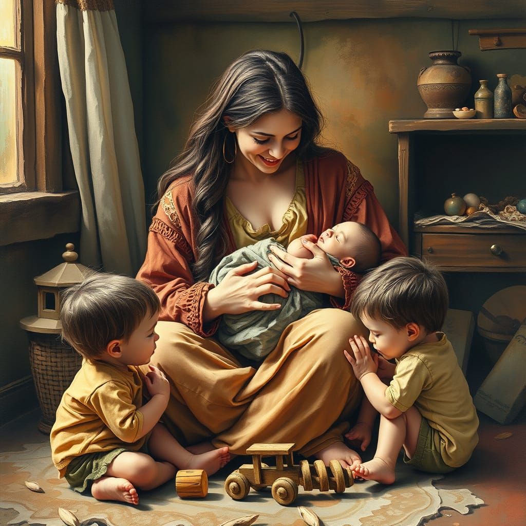 Mother and Child in Cozy, Detailed Matte Painting