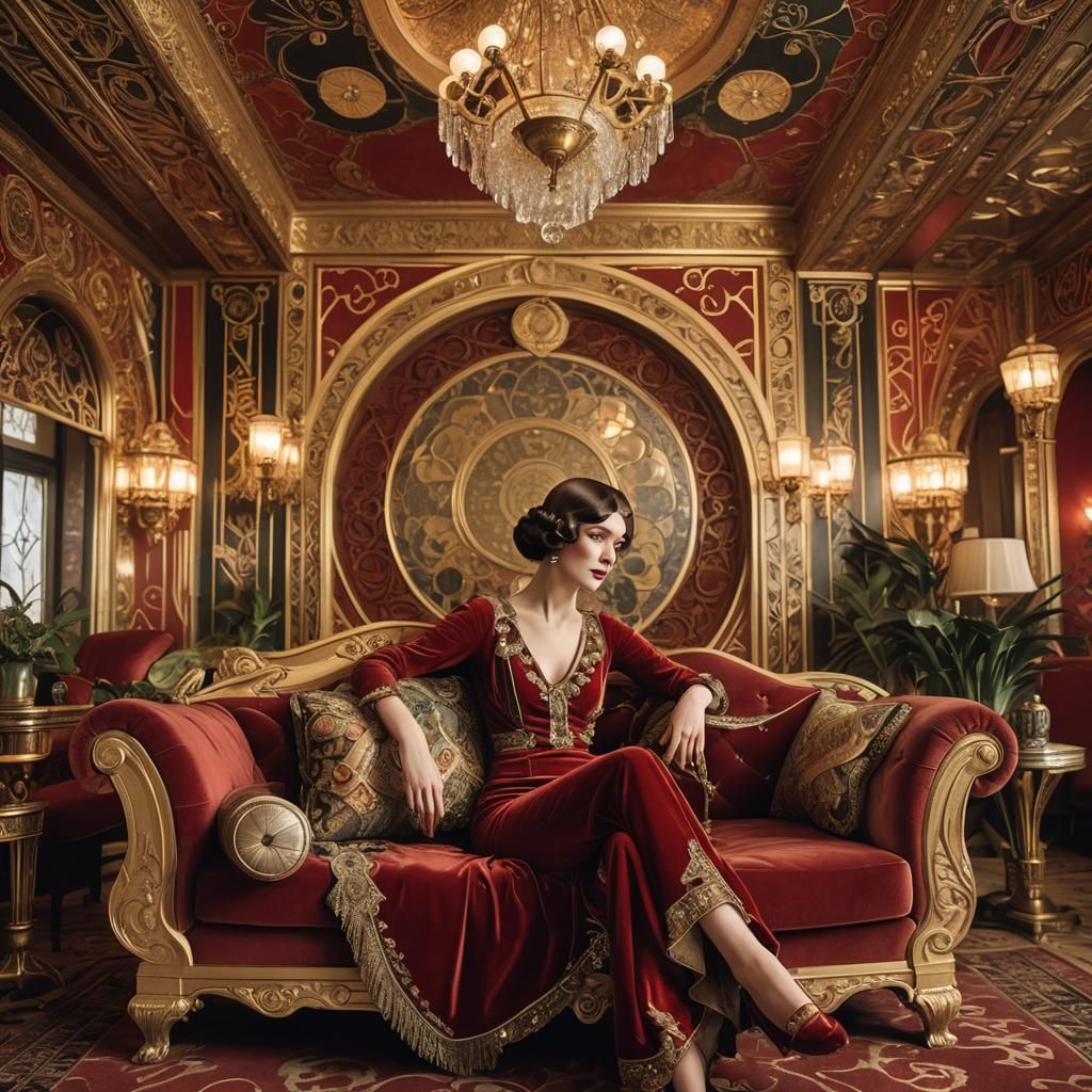Scarlet Woman in Opulent Art Deco Parlor