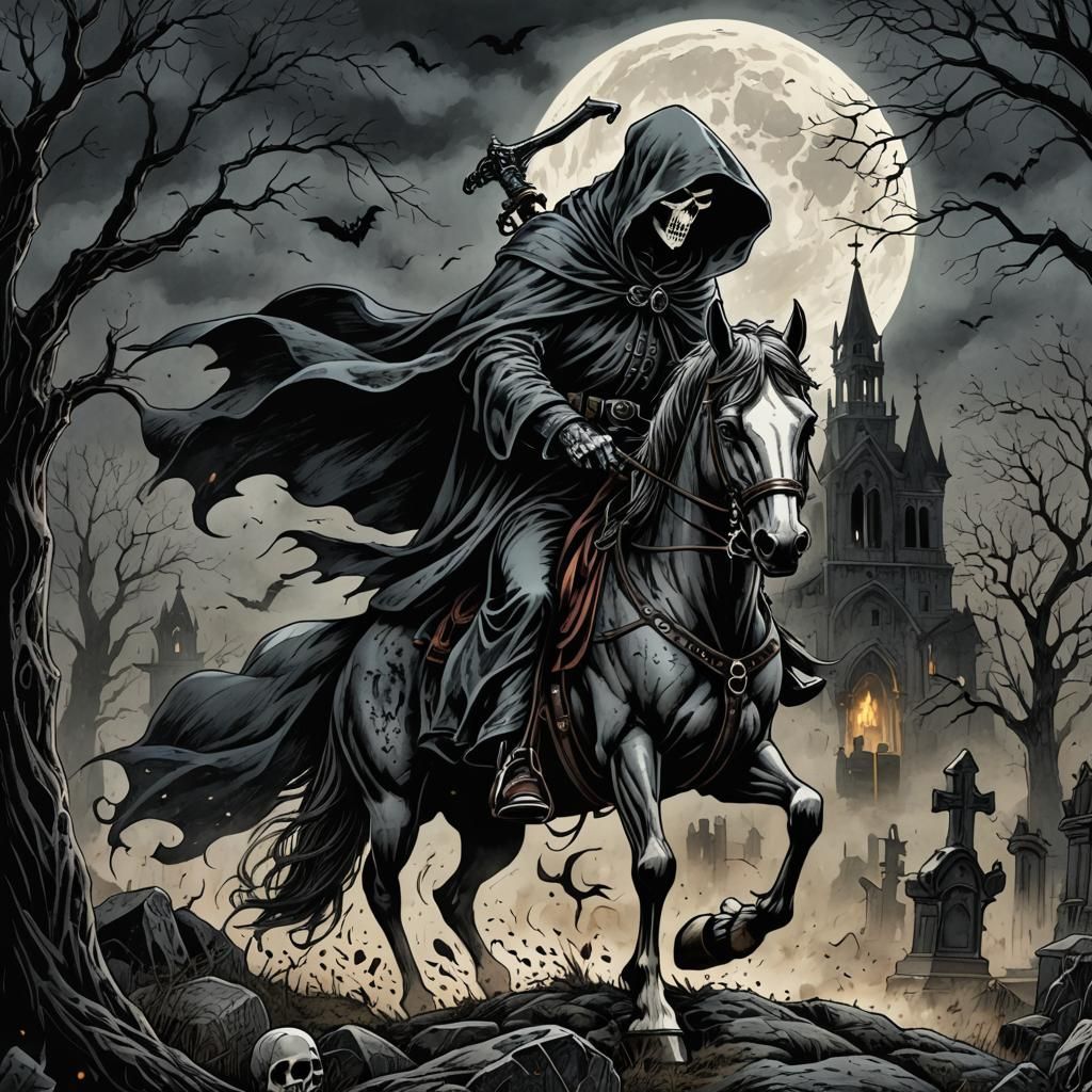 Grim Reaper Rides Through Dark Graveyard