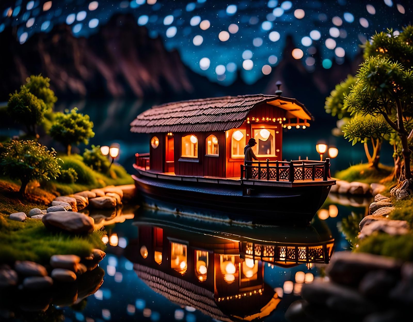 Kashmir Houseboat Miniature Diorama Under Milky Way