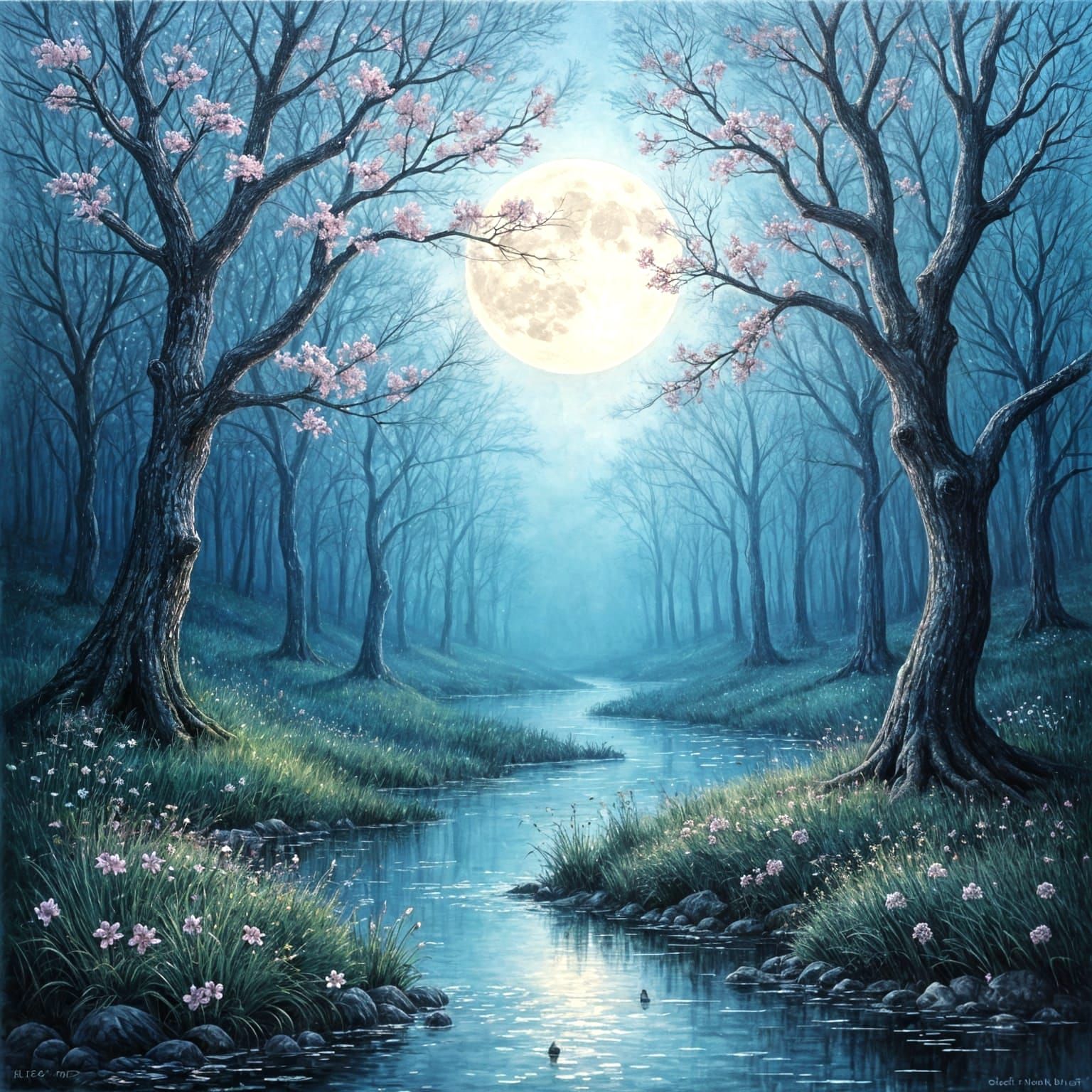 Moonlit Forest Landscape in Impressionist Style