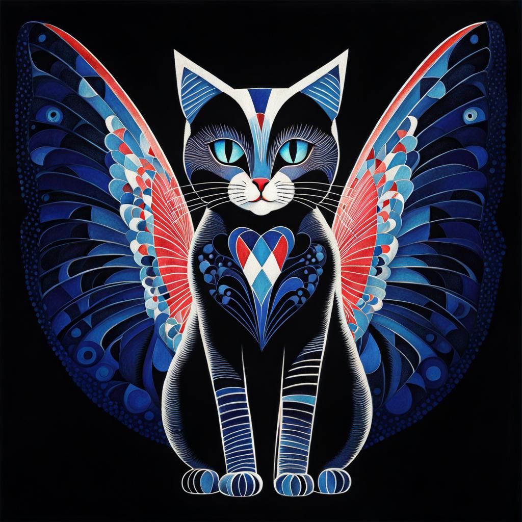 Cat fairy Sonia Delaunay Art deco Intricate geometry art deco patterns Intricate geometry geometric patterns Red Blue v...