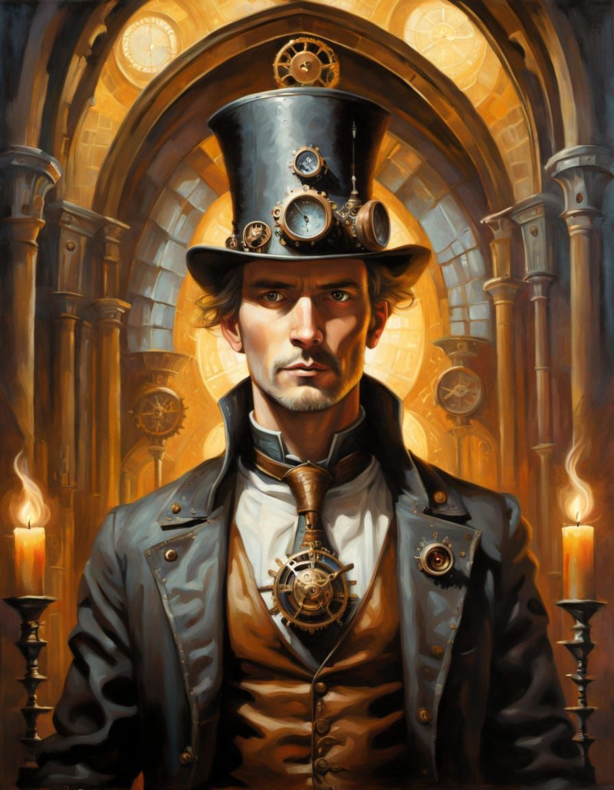 Steampunk Sorcerer in a Candlelit Cathedral
