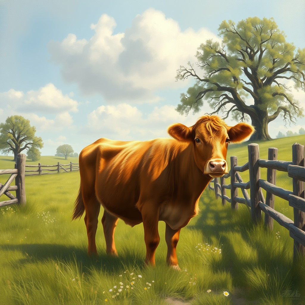 Idyllic Cow in Meadow, Romantic Landscape Style