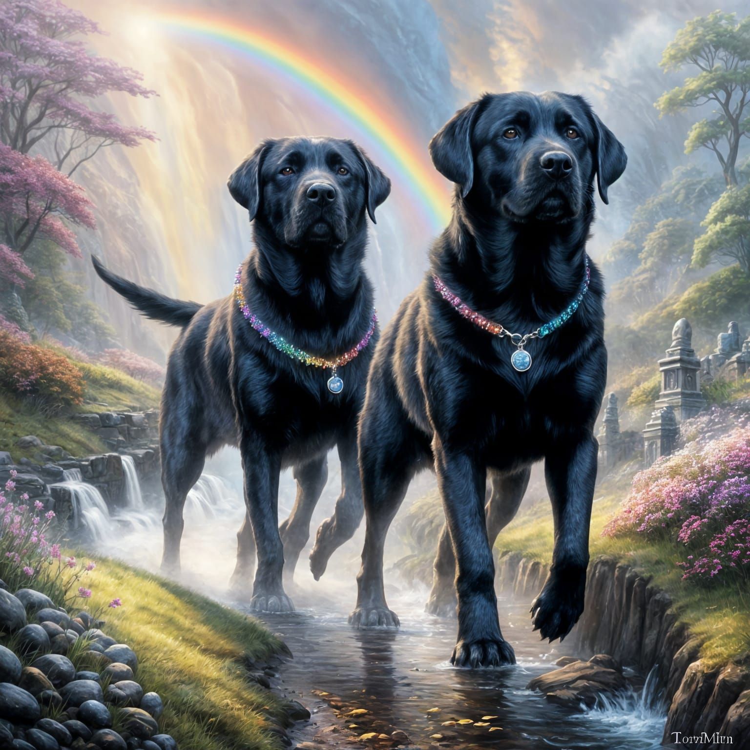 Black Labradors Stroll Across Rainbow Bridge