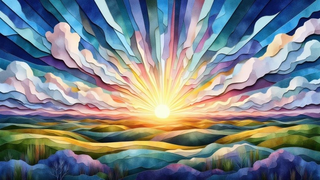 paper collage art: layered strips of paper: big sky colorful...
