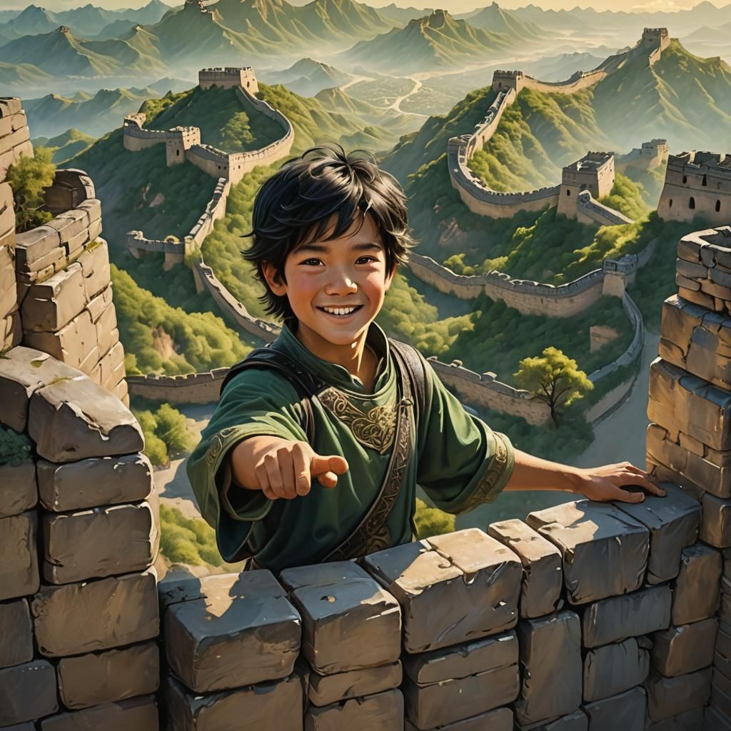 Happy Boy on Great Wall in Fantasy Art