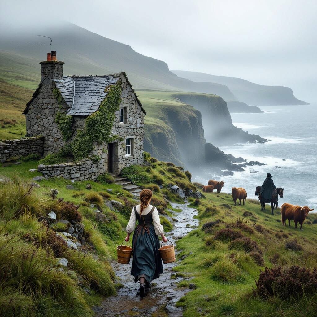 Scottish Cliffside Cottage with Woman and Cattle