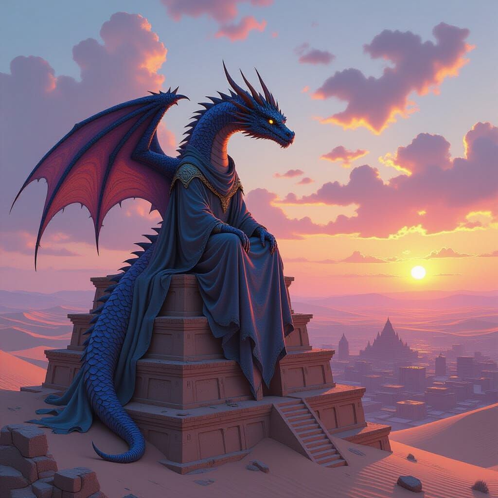Dragon Perched on Ziggurat Overlooking Desert City