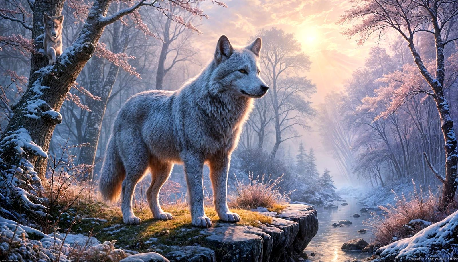 Wolf Cub in Snowy Autumn Forest at Sunset