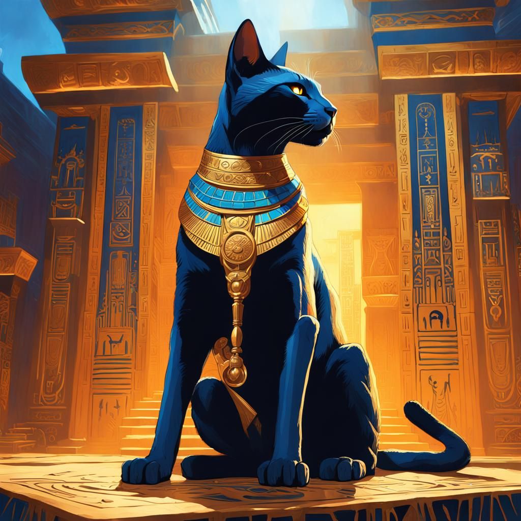 Bastet, Cat Goddess, on Golden Throne in Temple