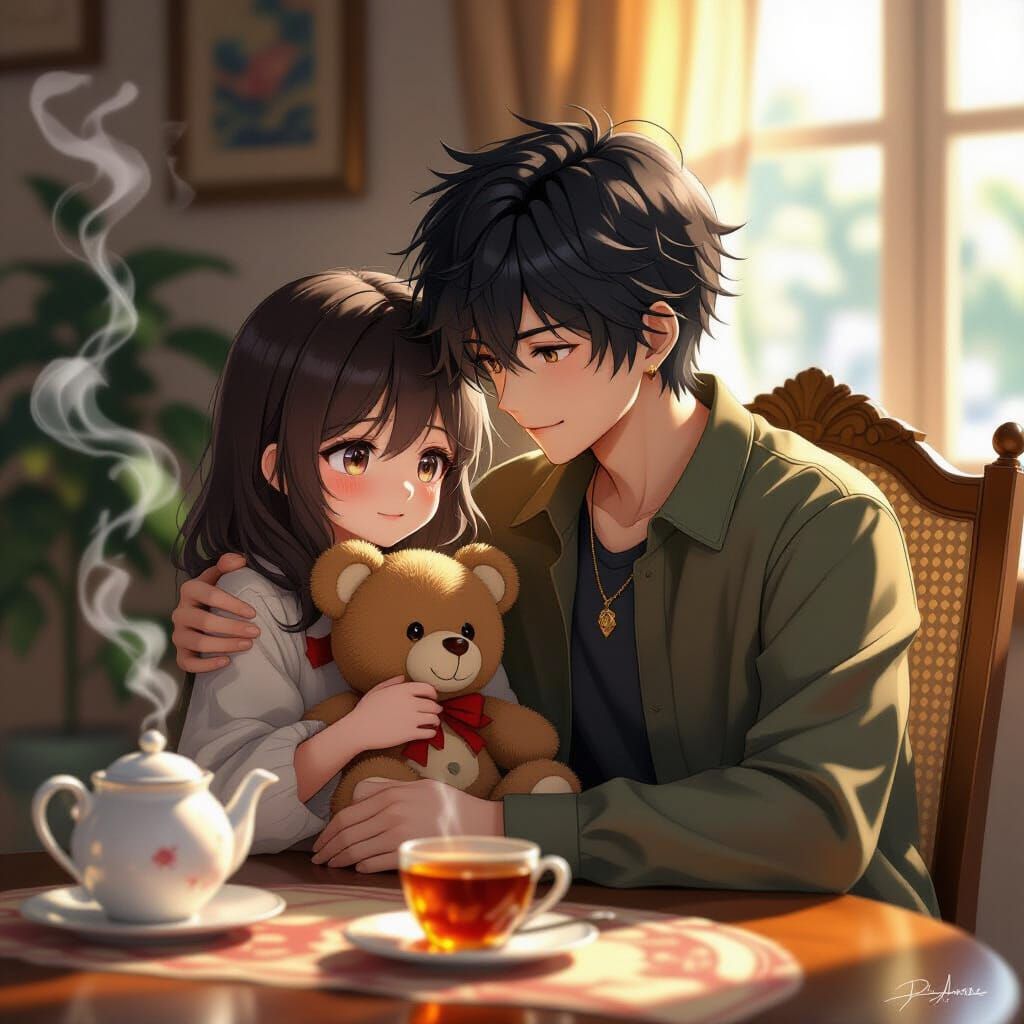 Woman Shares Dream Over Tea, Painterly Style