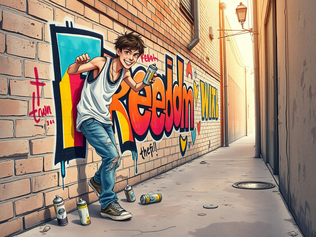 Teenager's Graffiti Art: Freedom Mural in Alleyway